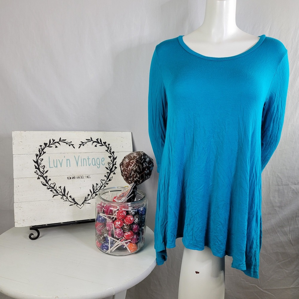 Frumos Womens Teal Blue Sharkbite Hem Tunic Top Long Sleeve Made in USA Size M